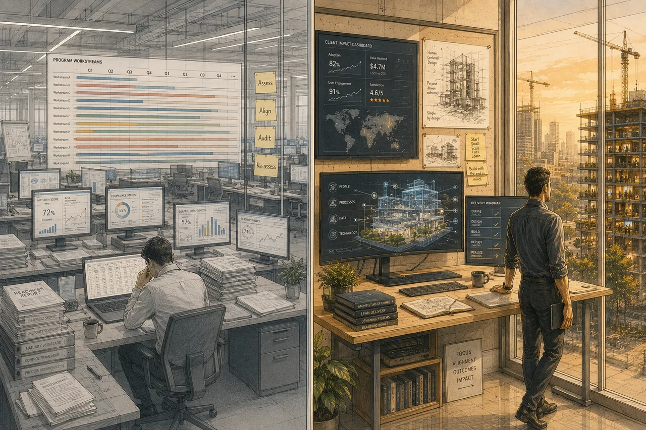 The new paradigm. An architect with a blueprint pointing in a clear direction