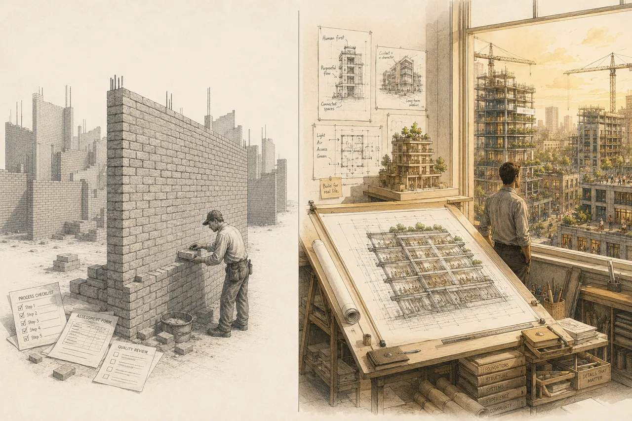 The old paradigm side by side. A bricklayer laying a wall without a blueprint, next to an architect's workshop full of drawings