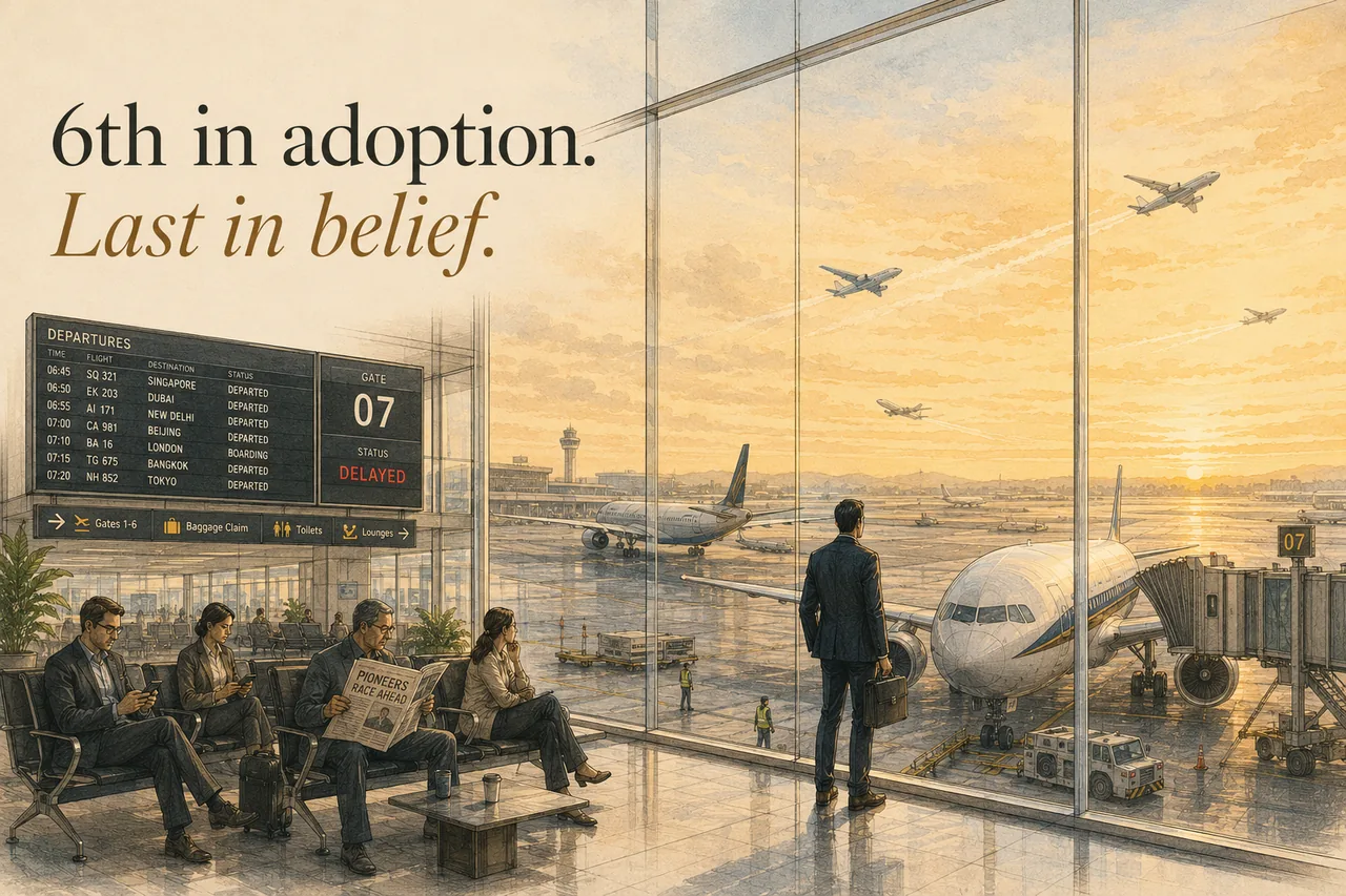 6th in adoption. Last in belief. Travellers watching planes depart through airport windows