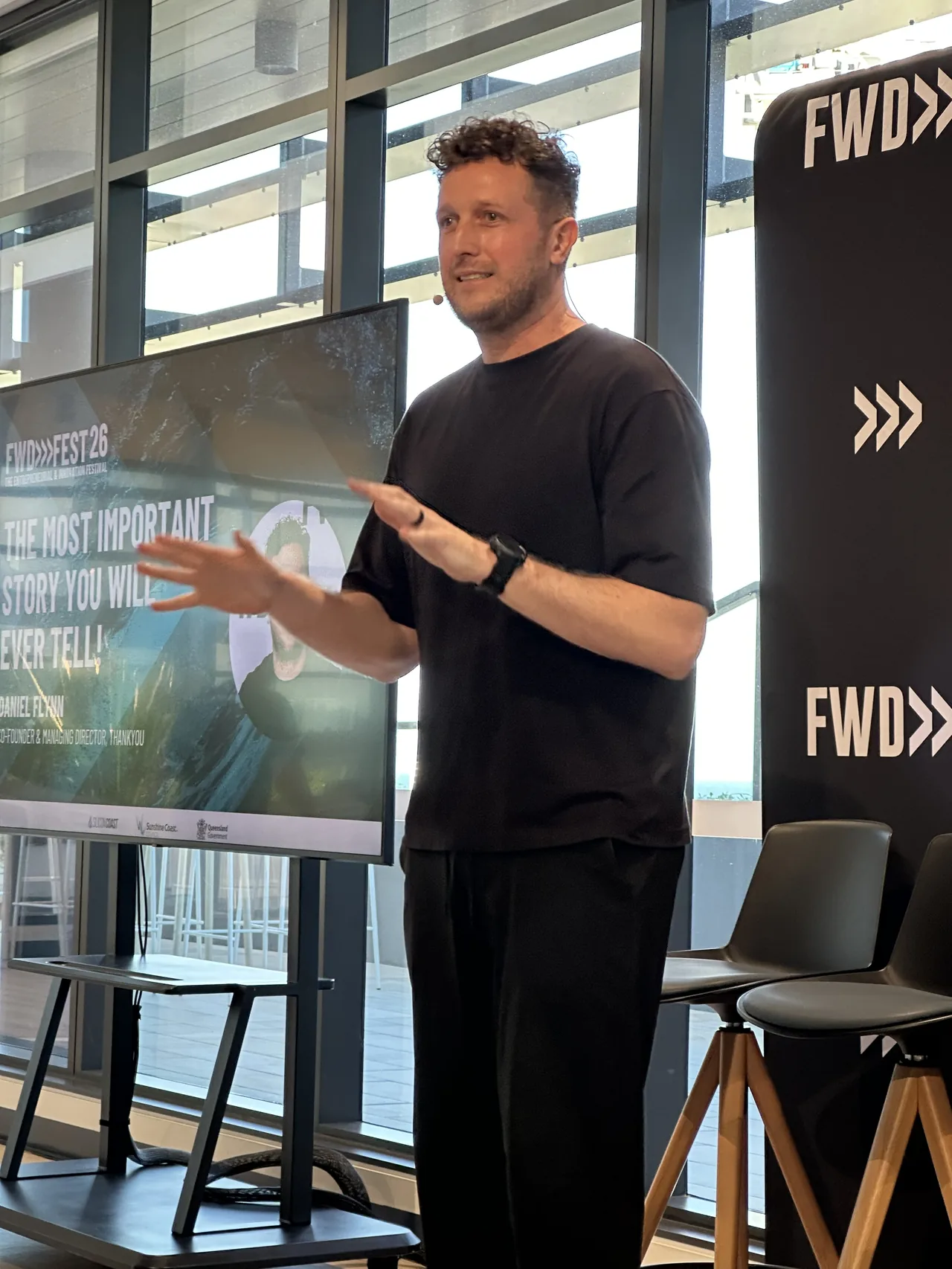 Daniel Flynn, founder of Thankyou, delivering the closing keynote at FWD Fest 26