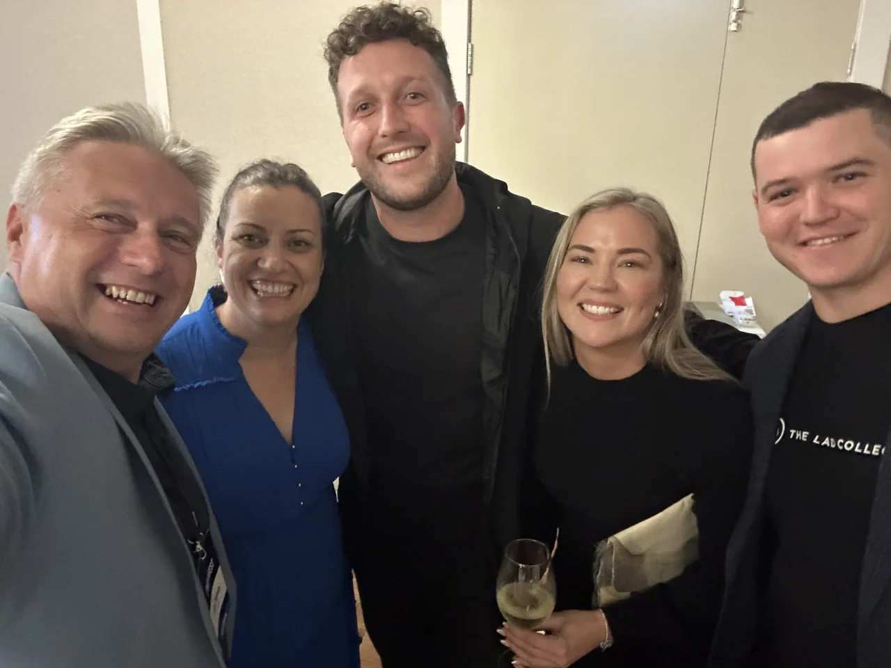 Arek Rejman selfie with Min Swan, Daniel Flynn, Amy Roberts, and Bill Ovenden of The Lad Collective at the FWD Fest 26 gala