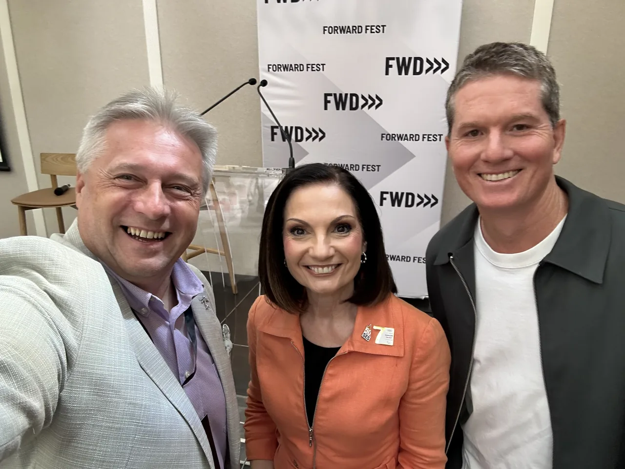 Arek Rejman with Mayor Rosanna Natoli and Luke Anear at FWD Fest 26 breakfast keynote