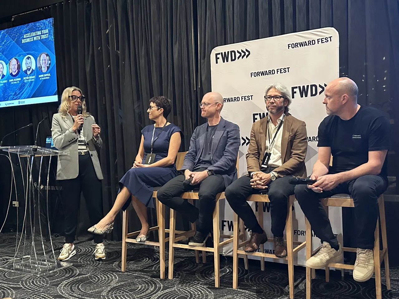 Accelerating Your Business with Trust panel at FWD Fest 26: Nikki Fogden-Moore moderating Natalle Sutton, Aaron Zamykal, Daniel McKinnon, Bryton Wishart and Carlos Velasquez