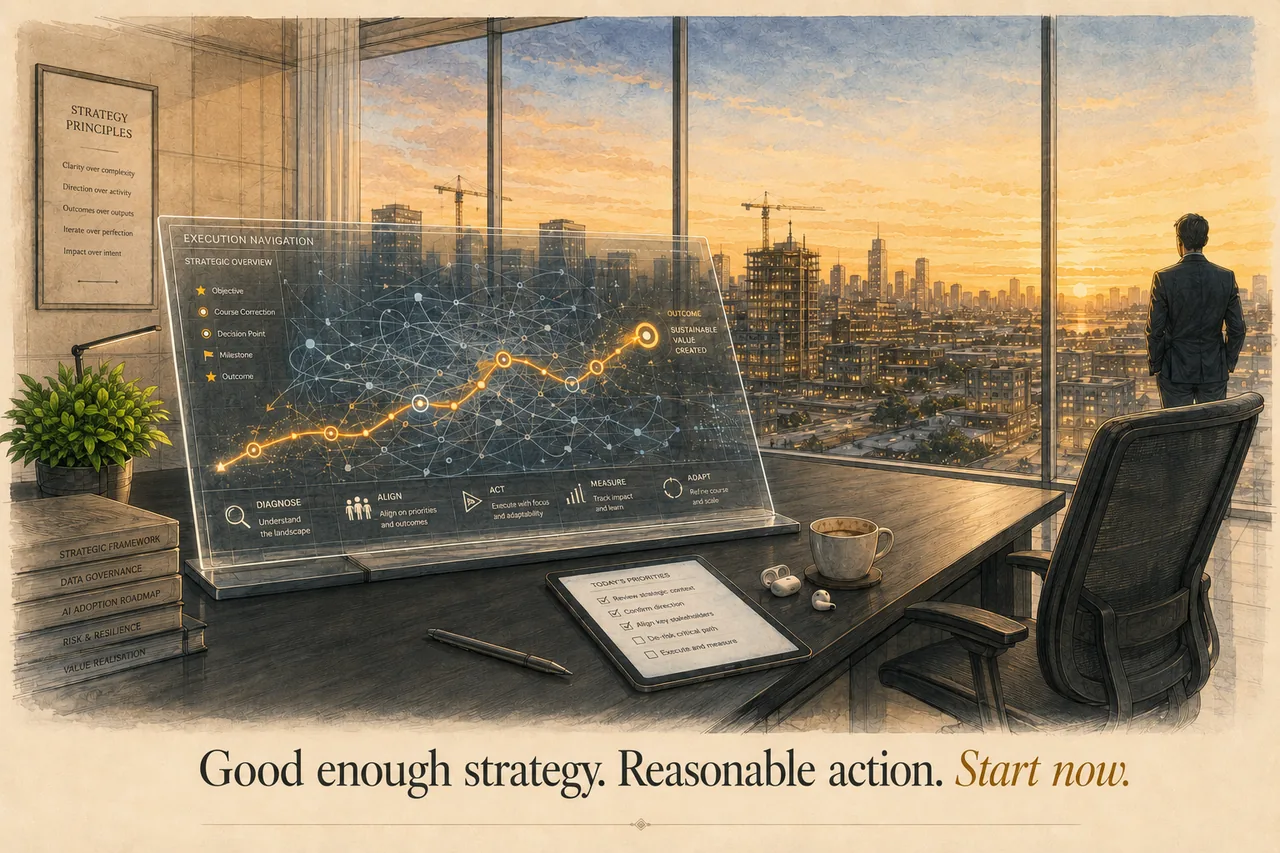 A strategy dashboard on a desk, sunset cityscape through the window, with the caption Good enough strategy. Reasonable action. Start now.