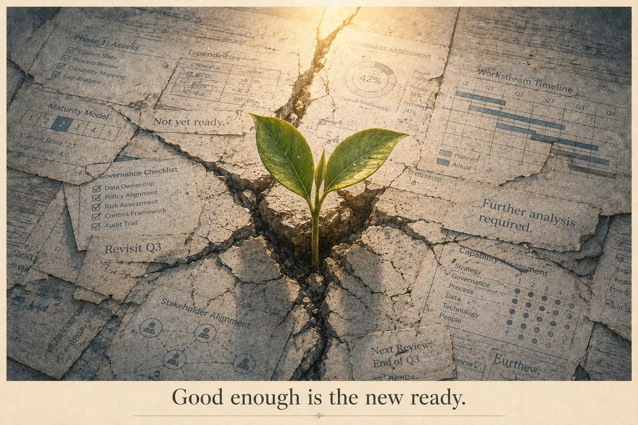 A young seedling growing through cracked paper covered in 'Not yet ready' and 'Further analysis required' notes
