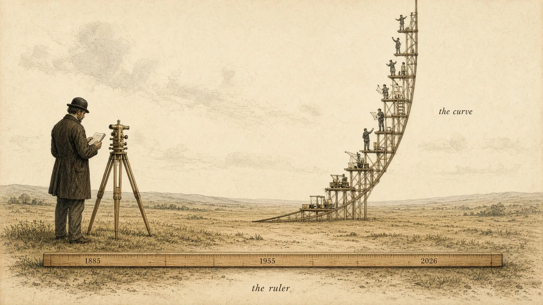 Antique landscape illustration. A Victorian surveyor in a bowler hat reads his notebook beside a theodolite, with a long wooden ruler marked 1885, 1955 and 2026 lying flat at his feet. Behind him a timber-framed curve rises almost vertically off the page, with small machines on the lower steps and people holding drawings near the top. Labels read the ruler and the curve.