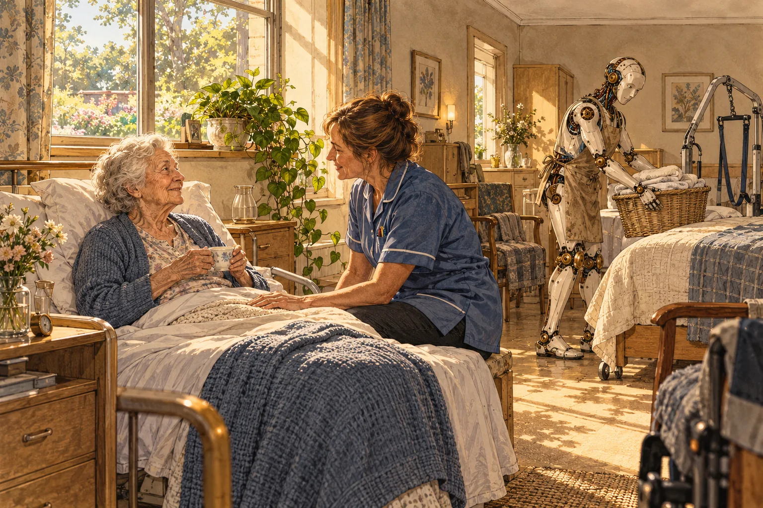 A sunlit aged-care room. An elderly resident sits up in bed holding a cup of tea, talking with a carer in a blue tunic who sits on the edge of the bed. In the background a humanoid machine in an apron carries a laundry basket past a mobility hoist.
