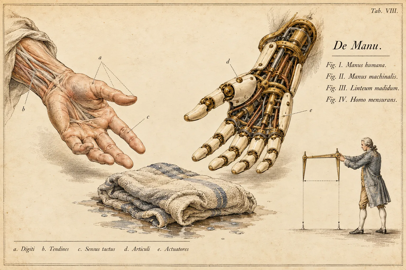 Antique anatomical plate, Tab. VIII, De Manu. A human hand in anatomical detail on the left and a cutaway brass and ivory mechanical hand on the right both reach toward a wet folded towel. A small eighteenth-century figure measures the gap between them with a large calliper.