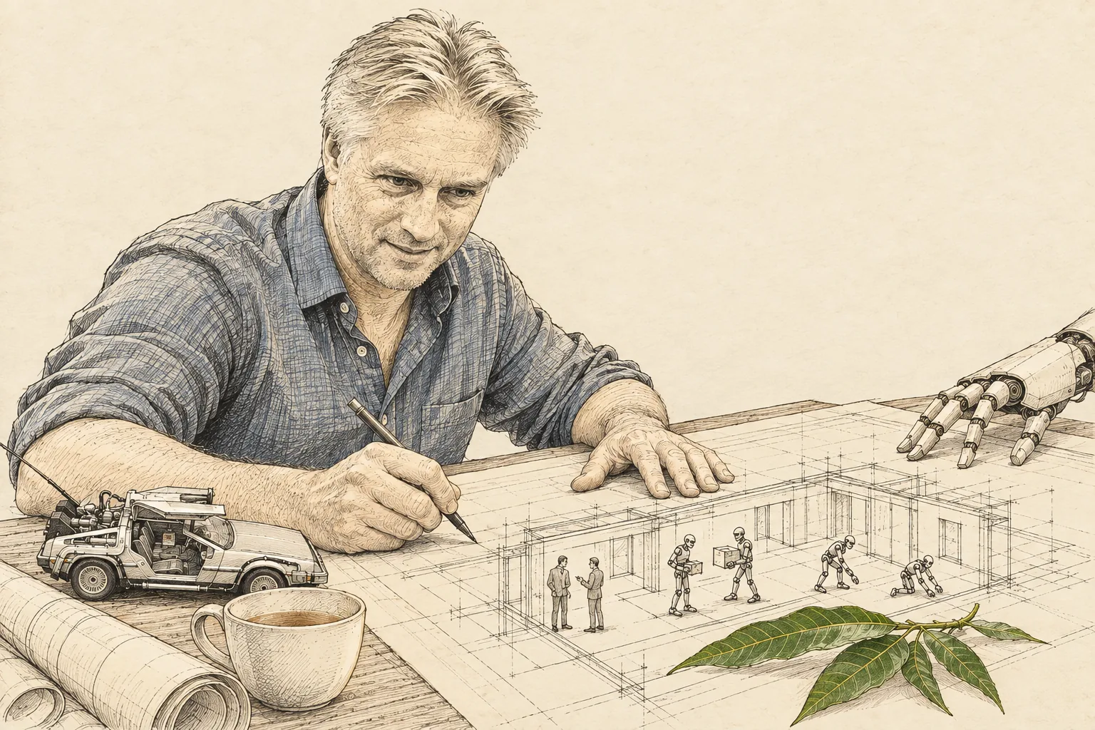 Ink and watercolour portrait of Arek Rejman at a desk, sketching a floor plan in which two people talk while four small humanoid robots carry and build. A die-cast DeLorean model, a cup of tea and rolled plans sit beside him, and a robotic hand reaches in from the right.