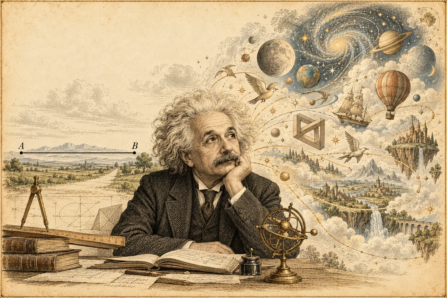 Ink and watercolour illustration of Albert Einstein at a desk, chin on hand, gazing upward. On the left a straight line runs from A to B across a plain beside a ruler, compass and books. On the right his imagination spills out as planets, a galaxy, birds, a sailing ship, a hot-air balloon and floating castles.