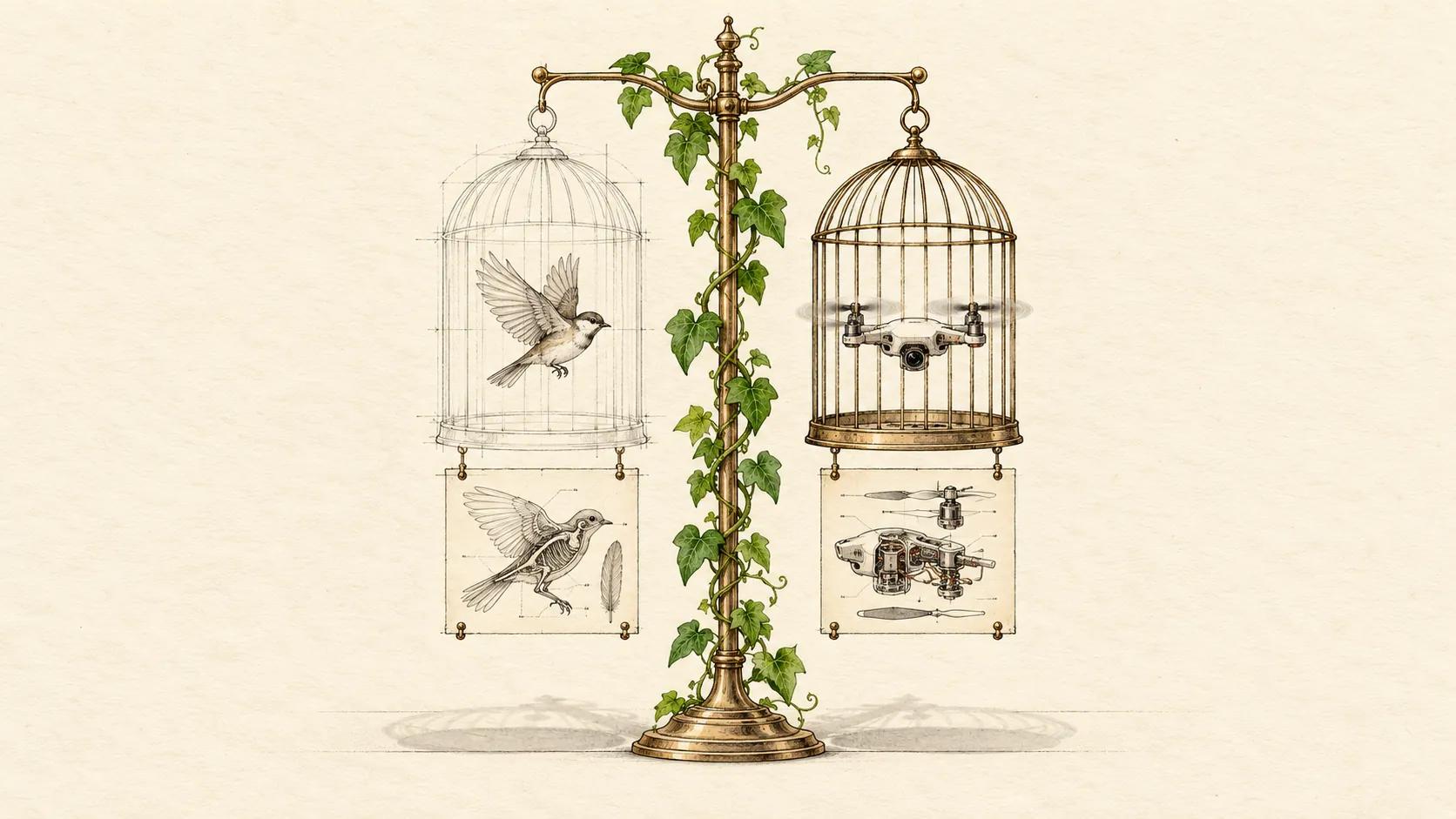 Two domed cages on one brass stand, a bird in flight in one and a small drone hovering in the other, casting matching shadows
