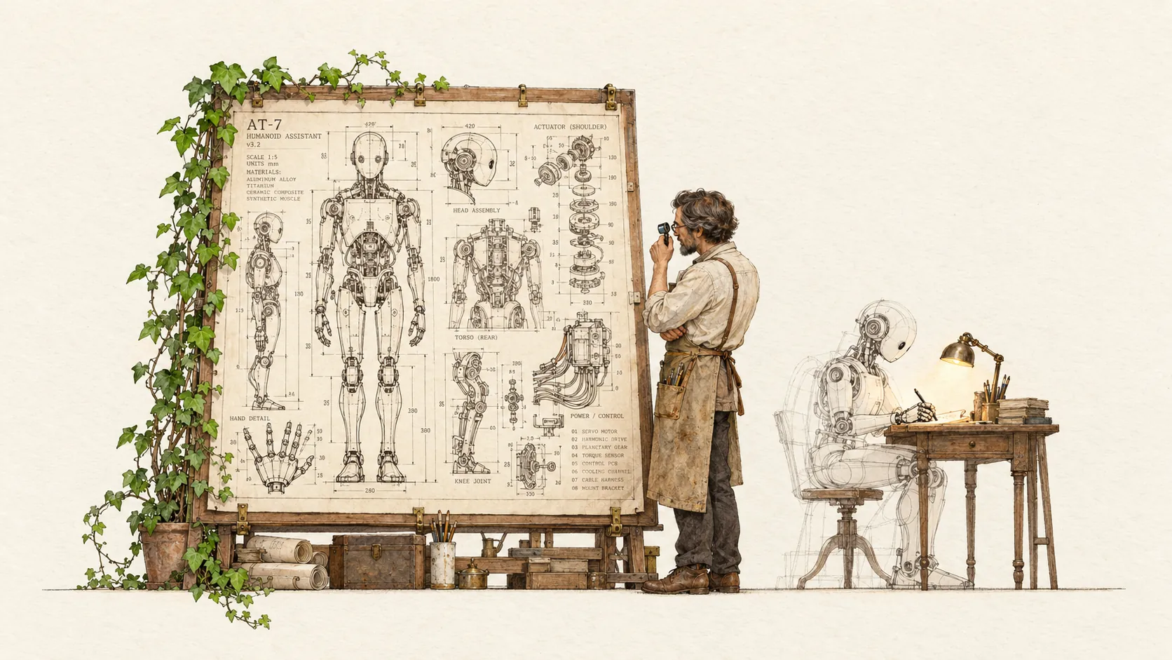 A fully specified technical blueprint of a robot pinned beside the robot itself, drawn only in faint pencil