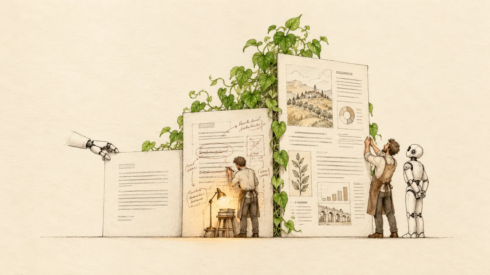 Three sheets of paper standing like steps: a plain typed draft, the same draft covered in handwritten notes, and a new finished document held up to the light