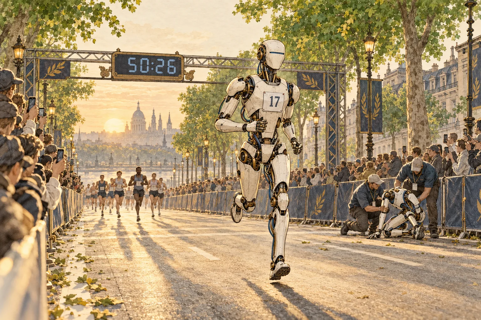 Illustration of a humanoid robot wearing bib 17 running down a tree-lined Beijing street toward a race clock reading 50:26, with human runners behind and a fallen robot attended by handlers at the roadside.