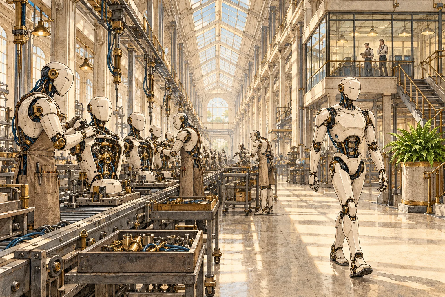 Illustration of a long, sunlit factory hall where humanoid robots assemble other humanoid robots along a production line, and a finished robot walks off the end on its own.