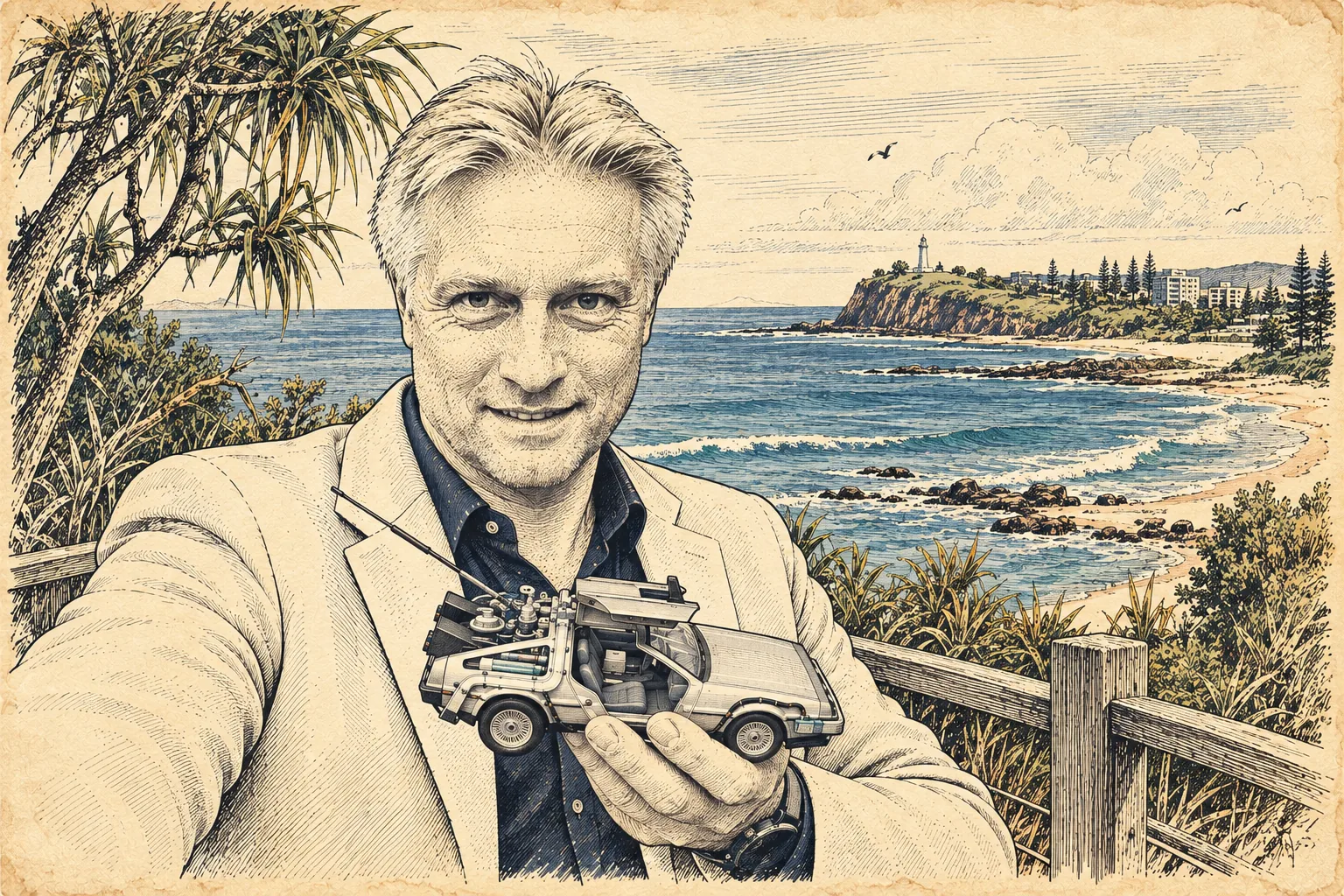 Illustrated portrait of Arek Rejman on a Sunshine Coast boardwalk, holding a die-cast DeLorean time-machine model toward the camera, with a headland, lighthouse and surf beach behind him.