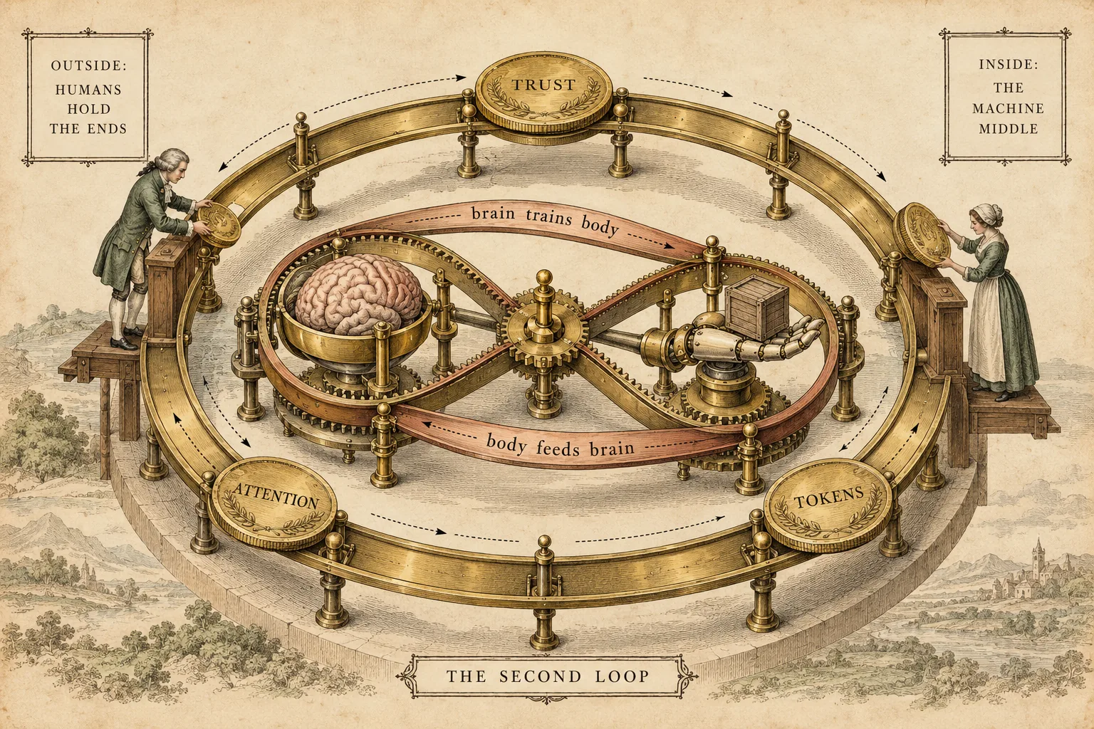 Antique engineering plate titled The Second Loop. An outer brass ring carries three coins marked Trust, Attention and Tokens, tended by two small human figures at either side. Inside it, a copper belt in a figure-of-eight links a brain in a brass cradle to a mechanical hand holding a crate, labelled brain trains body and body feeds brain.
