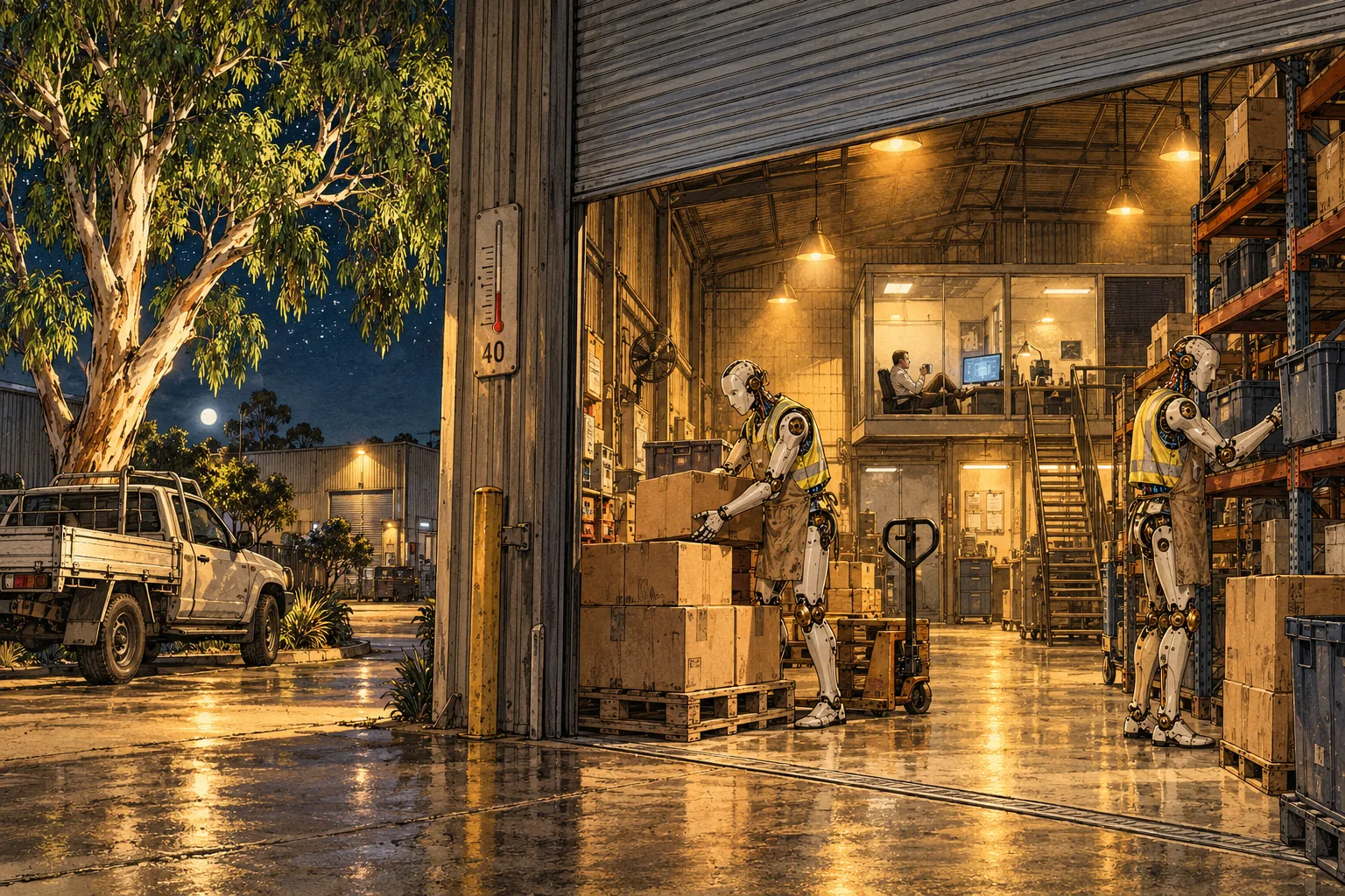 Night shift in a corrugated-iron warehouse. Two humanoid machines in high-visibility vests load cartons onto pallets and pull totes from racking under sodium lamps. A wall thermometer reads 40. A human supervisor sits in a lit office with his feet up and a cup of tea. Outside, a ute under a gum tree.