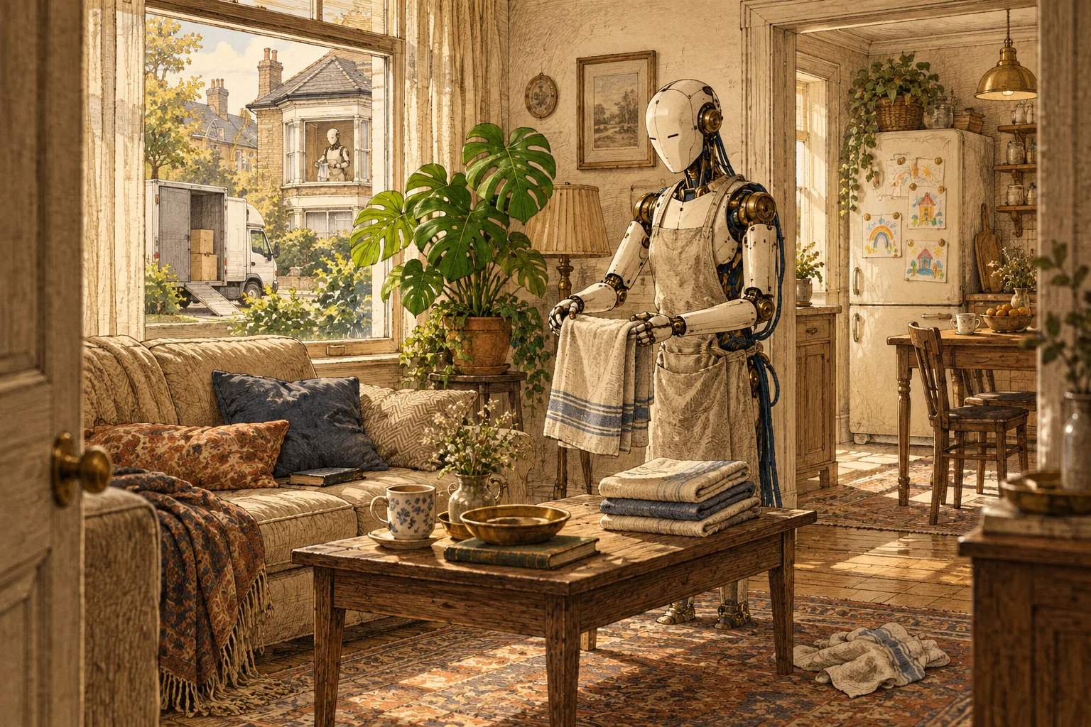 Illustration of a humanoid robot folding a striped towel in a lived-in living room with a sofa, pot plants and a stack of folded linen.