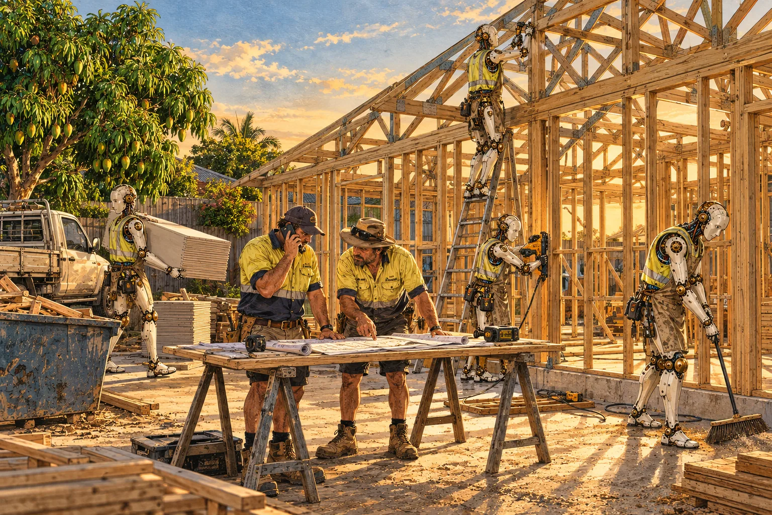 Illustration of a timber house frame under construction in late sun. Two human builders study plans at a trestle table while four humanoid robots lift, carry and fix framing around them.