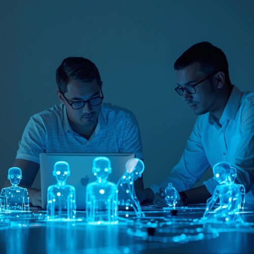 Lucid_Origin_A_small_team_of_two_humans_working_alongside_mult_2